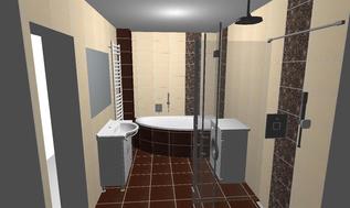 3D návrh koupelny se sprchovým koutem i vanou
